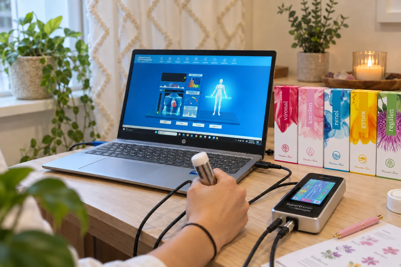 EAV diagnostika přístrojem Supertronic a vyhodnocení na notebooku v ateliéru
